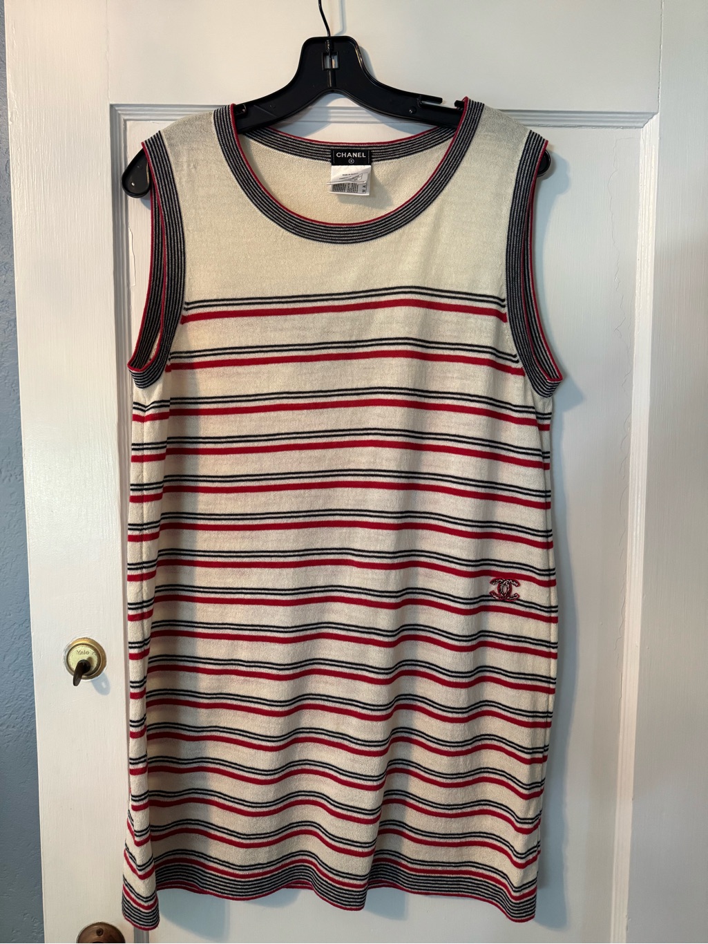 Chanel 13s Ecru/Red/Black Striped Knit Sleeveless Tunic Dress